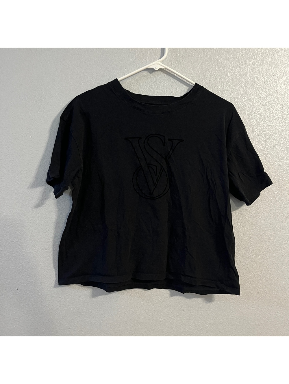 Victoria's Secret Black Velvet VS Logo Boxy T Shirt Women's M Tonal Flocked